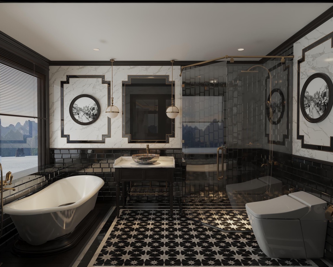 Elegant modern bathroom with black and white marble accents and luxurious fixtures.