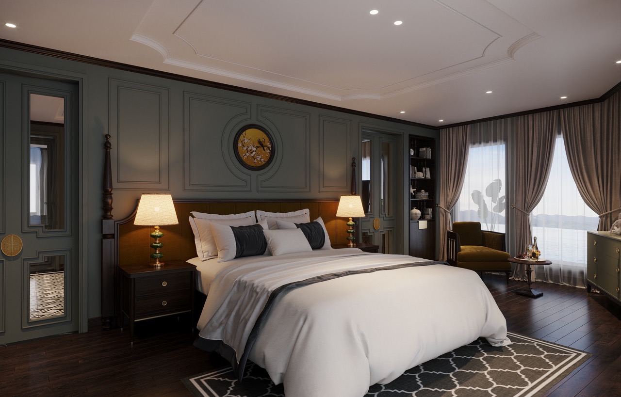 Luxurious hotel bedroom with elegant decor, cozy bed, and scenic window view.