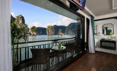 Beautiful view of Halong Bay from cruise balcony with limestone karsts and calm waters, perfect for.