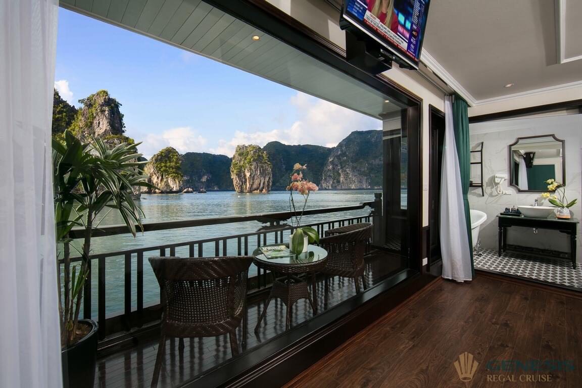 Beautiful view of Halong Bay from cruise balcony with limestone karsts and calm waters, perfect for.