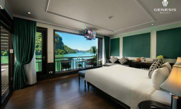 Stunning view of Halong Bay from a luxurious cruise balcony, perfect for relaxing and sightseeing.