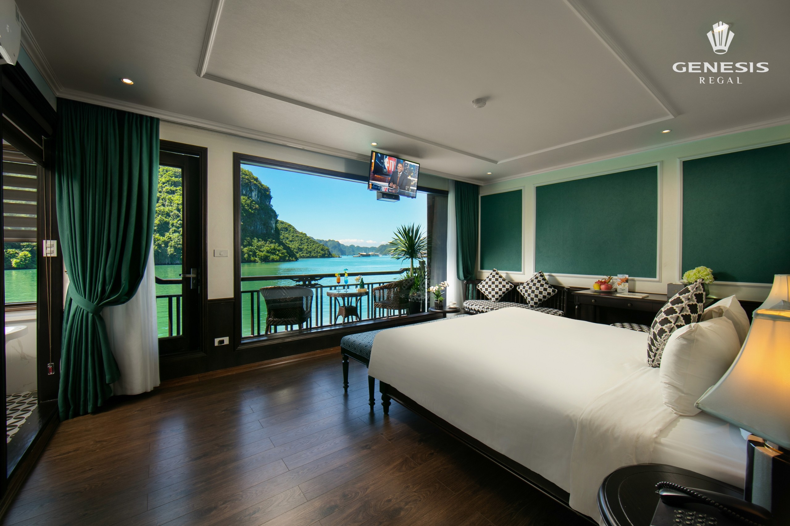 Stunning view of Halong Bay from a luxurious cruise balcony, perfect for relaxing and sightseeing.