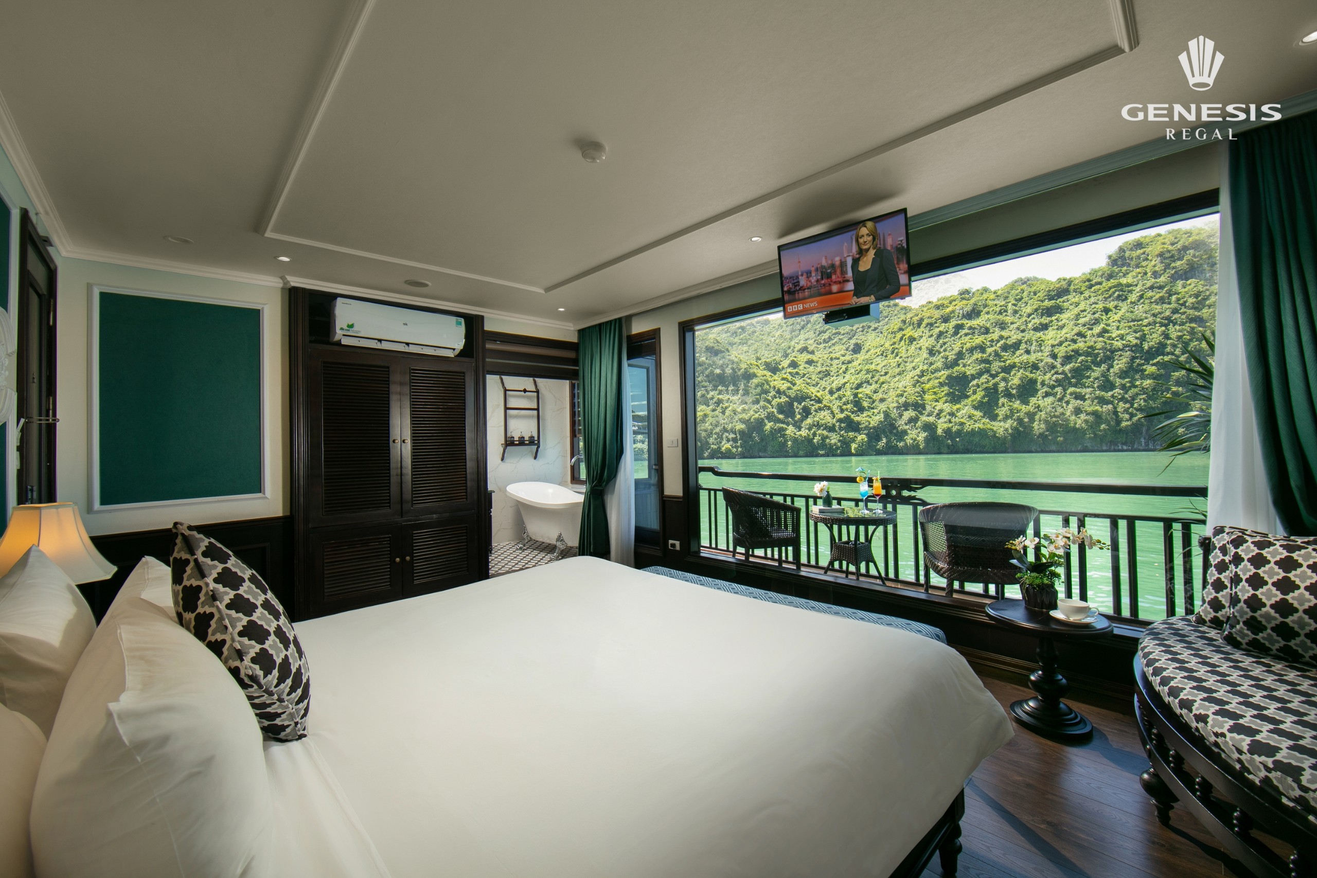 Luxurious cruise balcony view of Halong Bay with lush green islands and calm waters, perfect for a r.