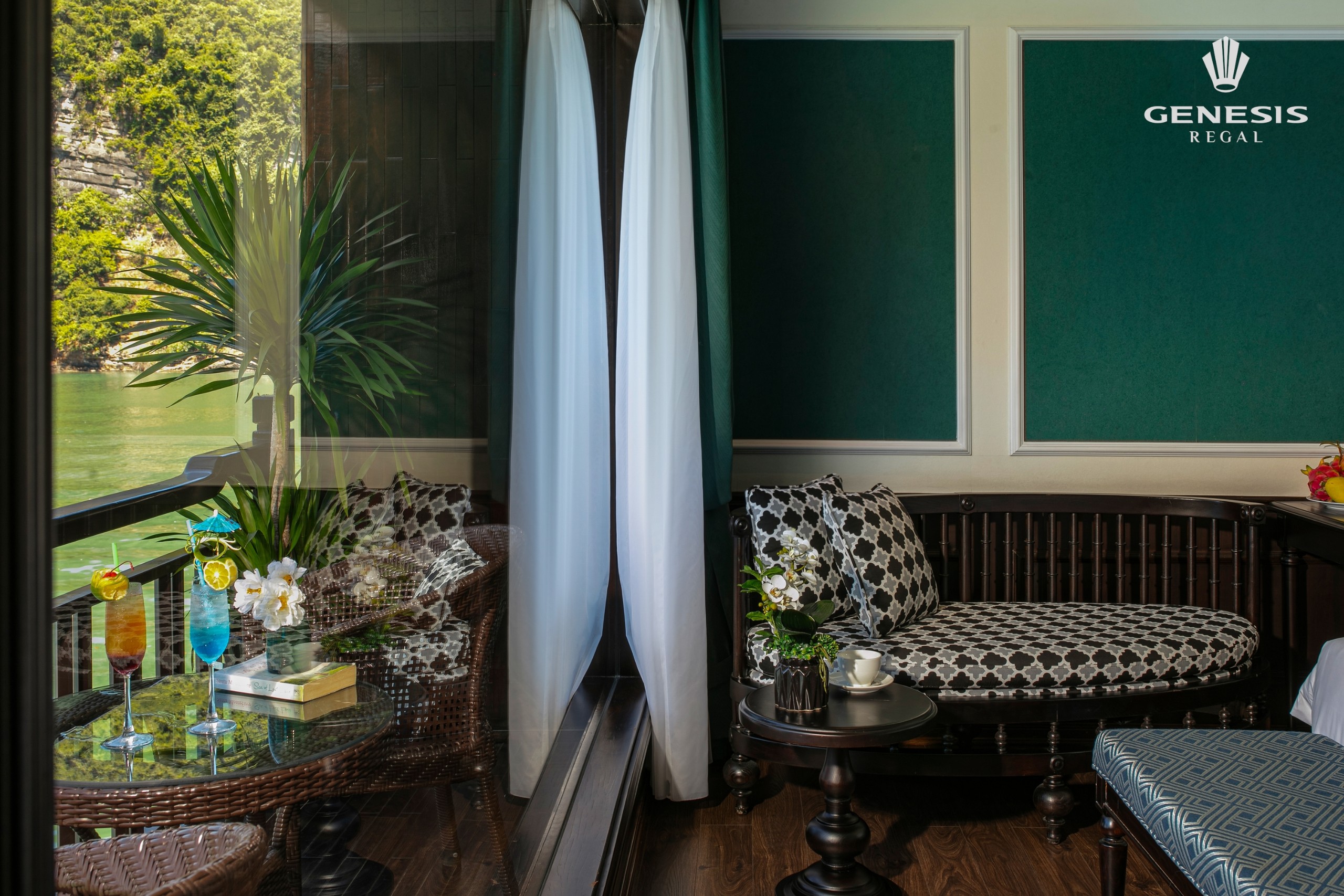 Elegant cruise balcony with lush greenery view in Vietnam. Perfect for relaxing and enjoying scenic.