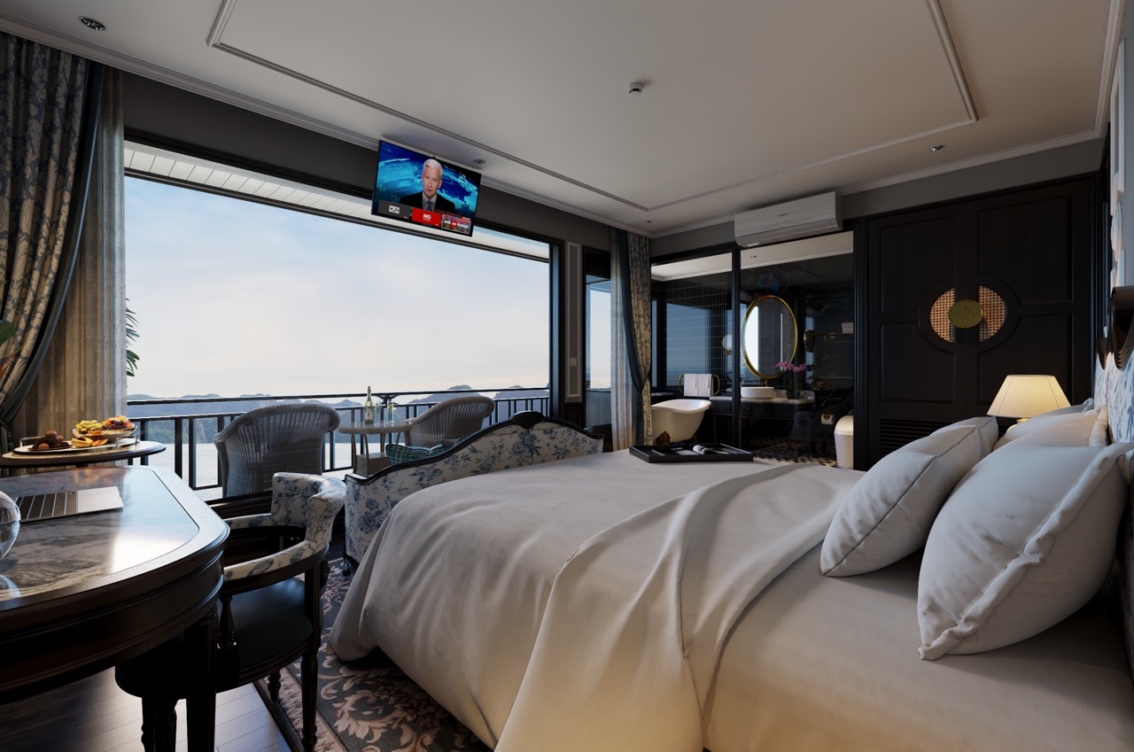 Elegant cruise balcony overlooking Lan Ha Bay, perfect for relaxing and enjoying scenic beauty.