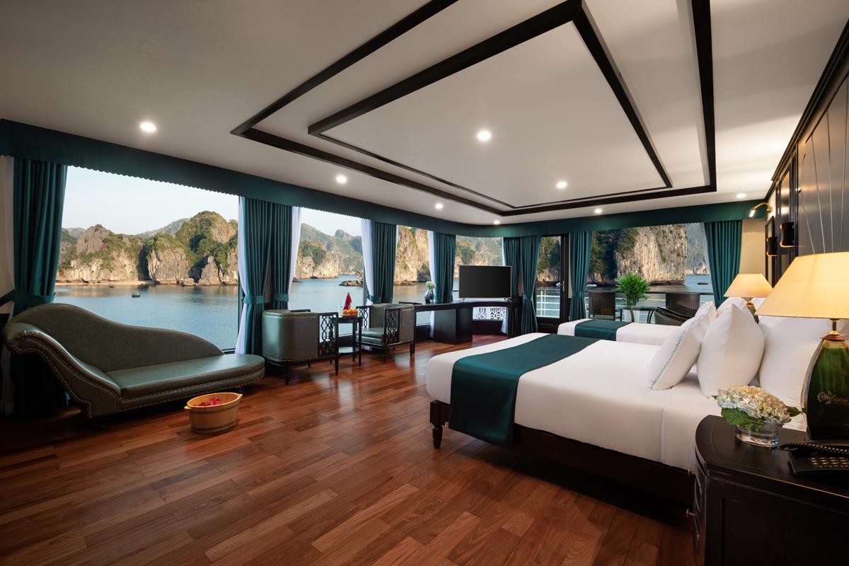 Luxury hotel room with ocean view and modern decor, located in Vietnam.