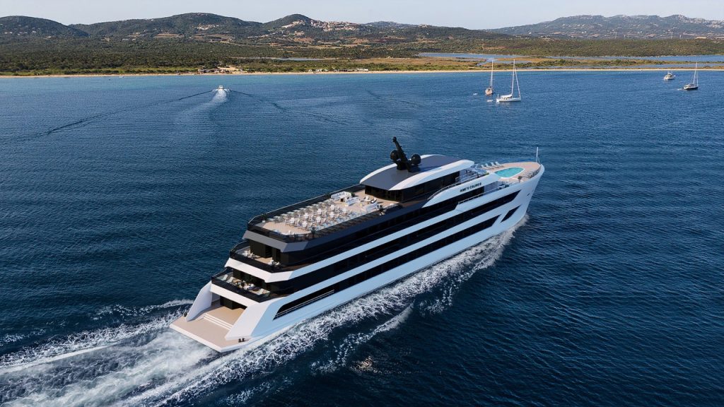 Luxurious yacht cruising in pristine blue waters with scenic coastline background.