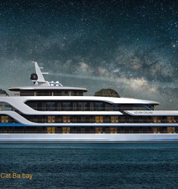Luxurious yacht on Ha Long Bay under starry night sky, Azura cruises.