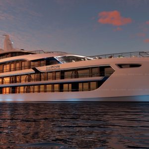 Luxurious cruise ship at sunset, perfect for high-end travel experiences, Azura Cruise vessel, Vietnam tours.