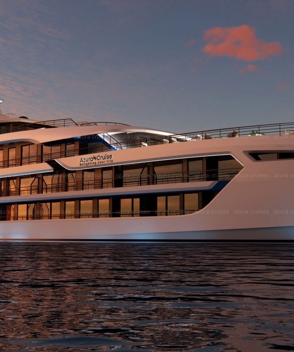 Luxurious cruise ship at sunset, perfect for high-end travel experiences, Azura Cruise vessel, Vietnam tours.