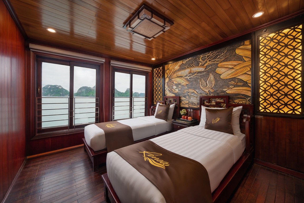 Luxurious cruise cabin with stunning bay views and traditional decor in Bai Tu Long Bay, perfect for.