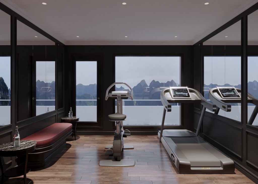 Modern gym room with treadmill and exercise bike overlooking mountain scenery.