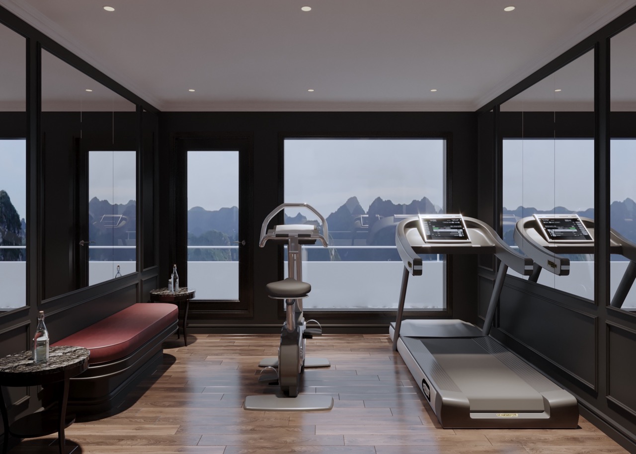 Modern gym room with treadmill and exercise bike overlooking mountain scenery.