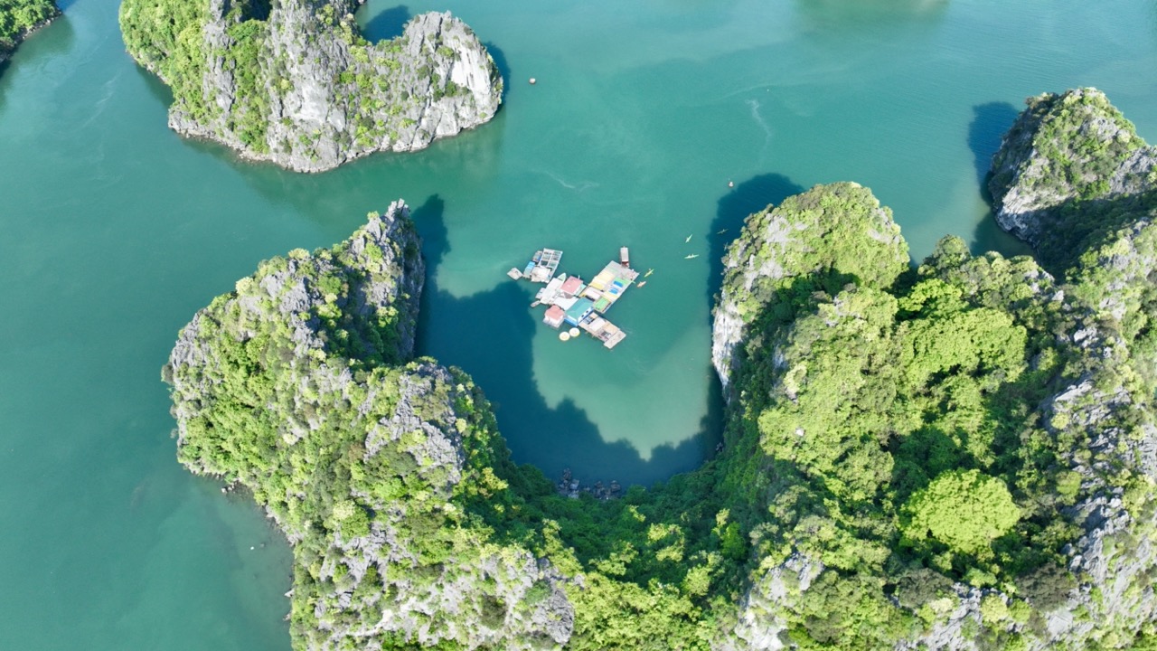 Aerial view of Halong Bay with towering limestone islands and a cruise boat, showcasing scenic beaut.