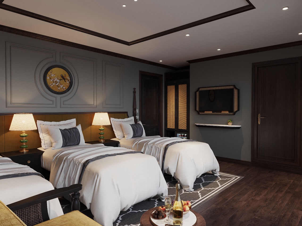 Elegant hotel room with three beds, dark wooden furniture, stylish decor, and modern lighting.