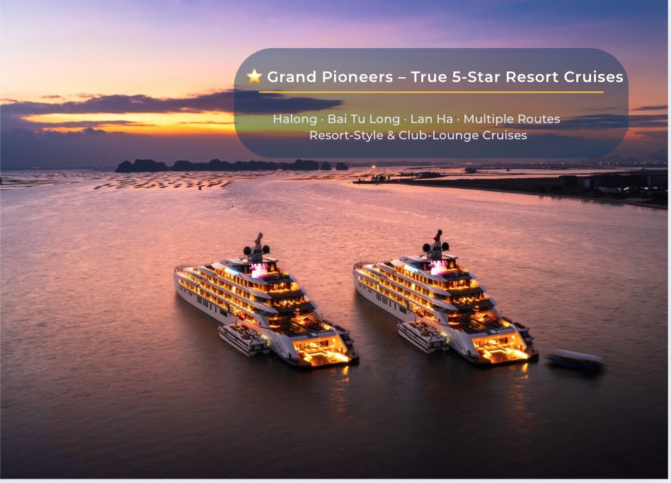 Luxury cruise ships at sunset along Halong Bay, Vietnam, offering resort-style vacation experiences.