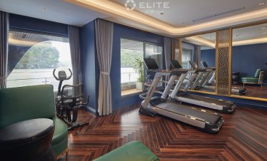 Spacious cruise gym with scenic views of Halong Bay, perfect for relaxing and fitness.