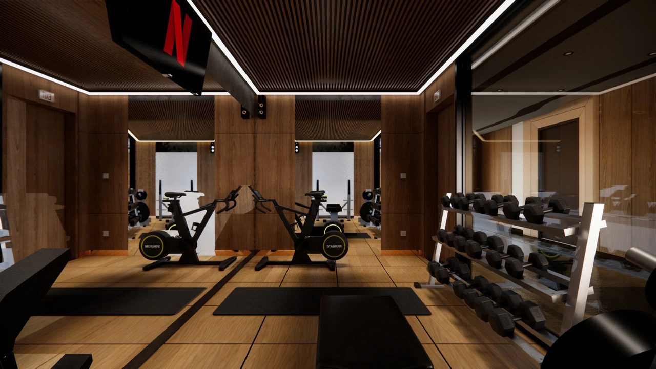Modern fitness room on Halong Bay cruise with gym equipment and relaxing ambiance.