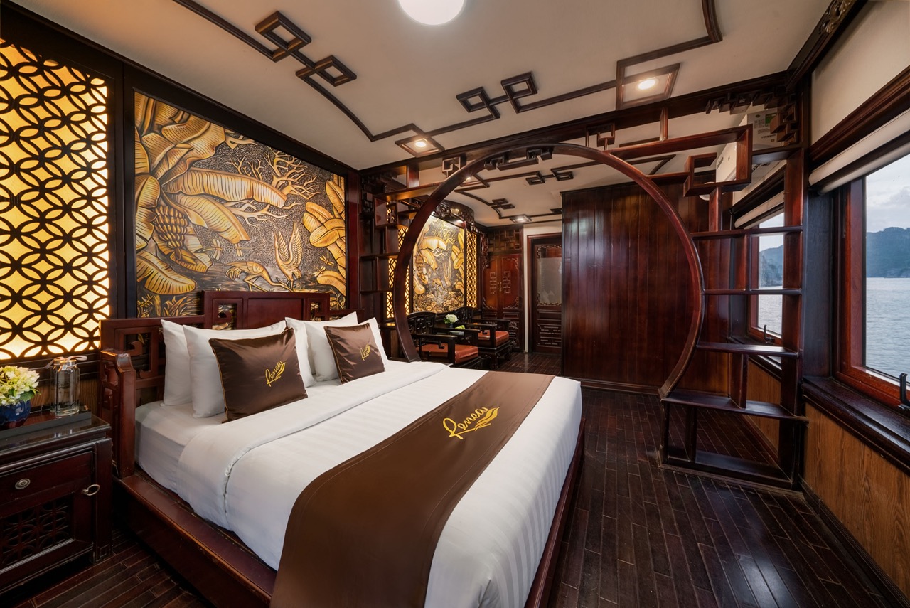 Luxurious cruise balcony view of Halong Bay with elegant interior design and scenic water landscape.
