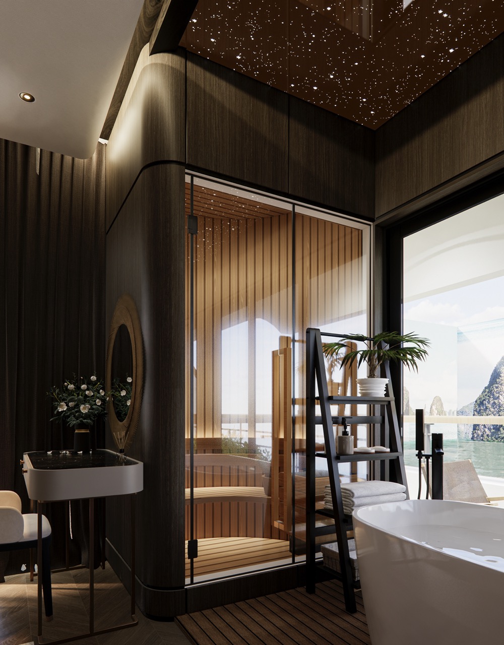 Relaxing luxury bathroom with a soaking bathtub and sauna, overlooking a scenic island view in Vietnam.