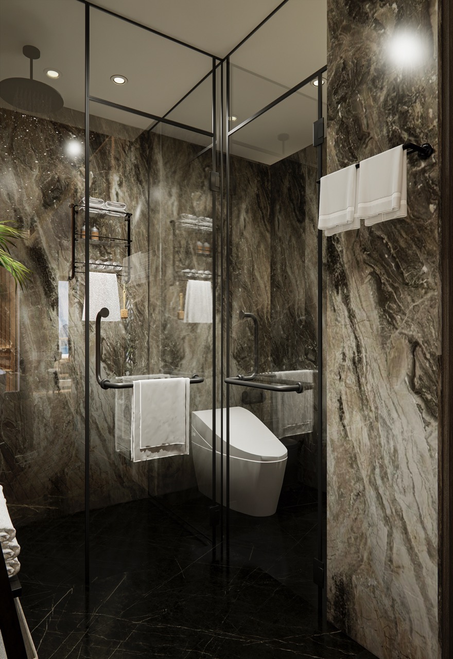 Elegant luxurious bathroom with marble walls and glass shower enclosure, modern toilet, and stylish towel racks.