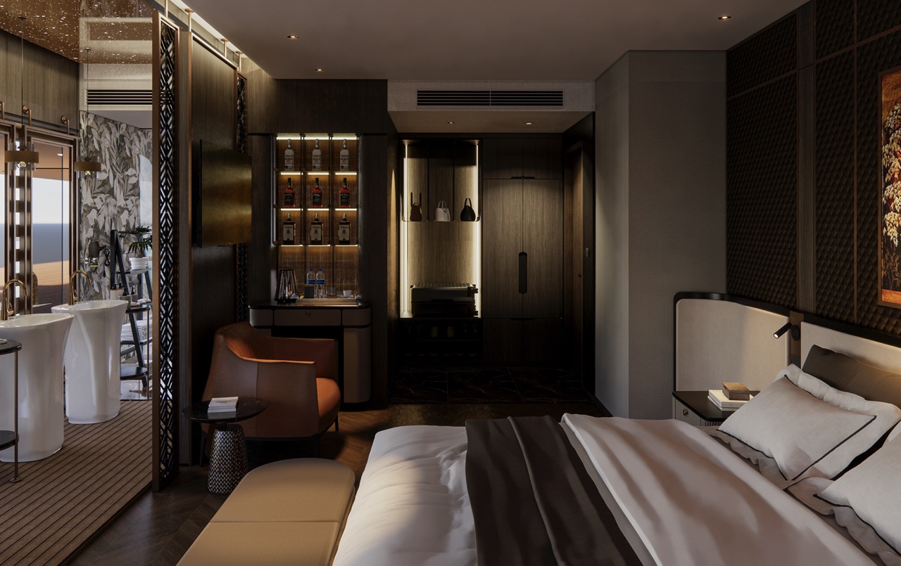 Luxurious hotel room interior with modern decor, plush bedding, and sophisticated amenities.