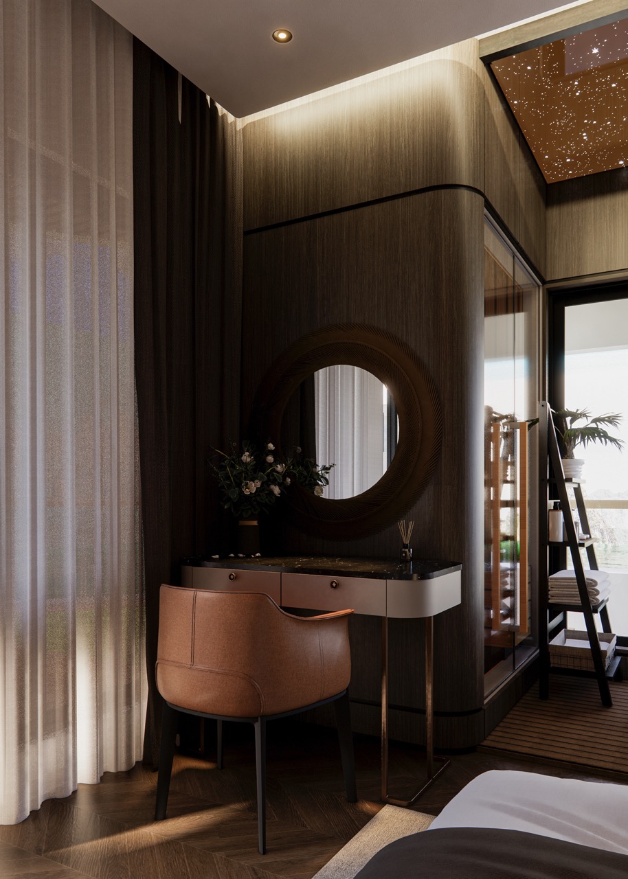 Luxurious hotel room with stylish decor, wooden accents, and a cozy vanity area for guests.