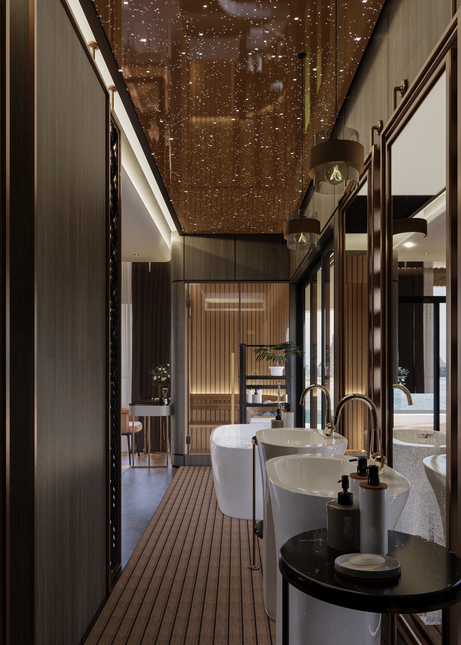 Luxurious hotel bathroom with modern design and sea view, wood accents, and stylish fixtures.