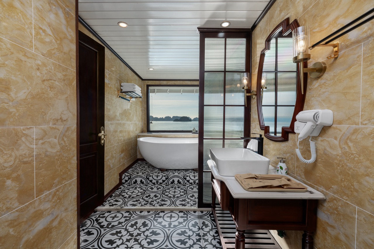 Luxurious cruise balcony with scenic views in Bai Tu Long Bay.