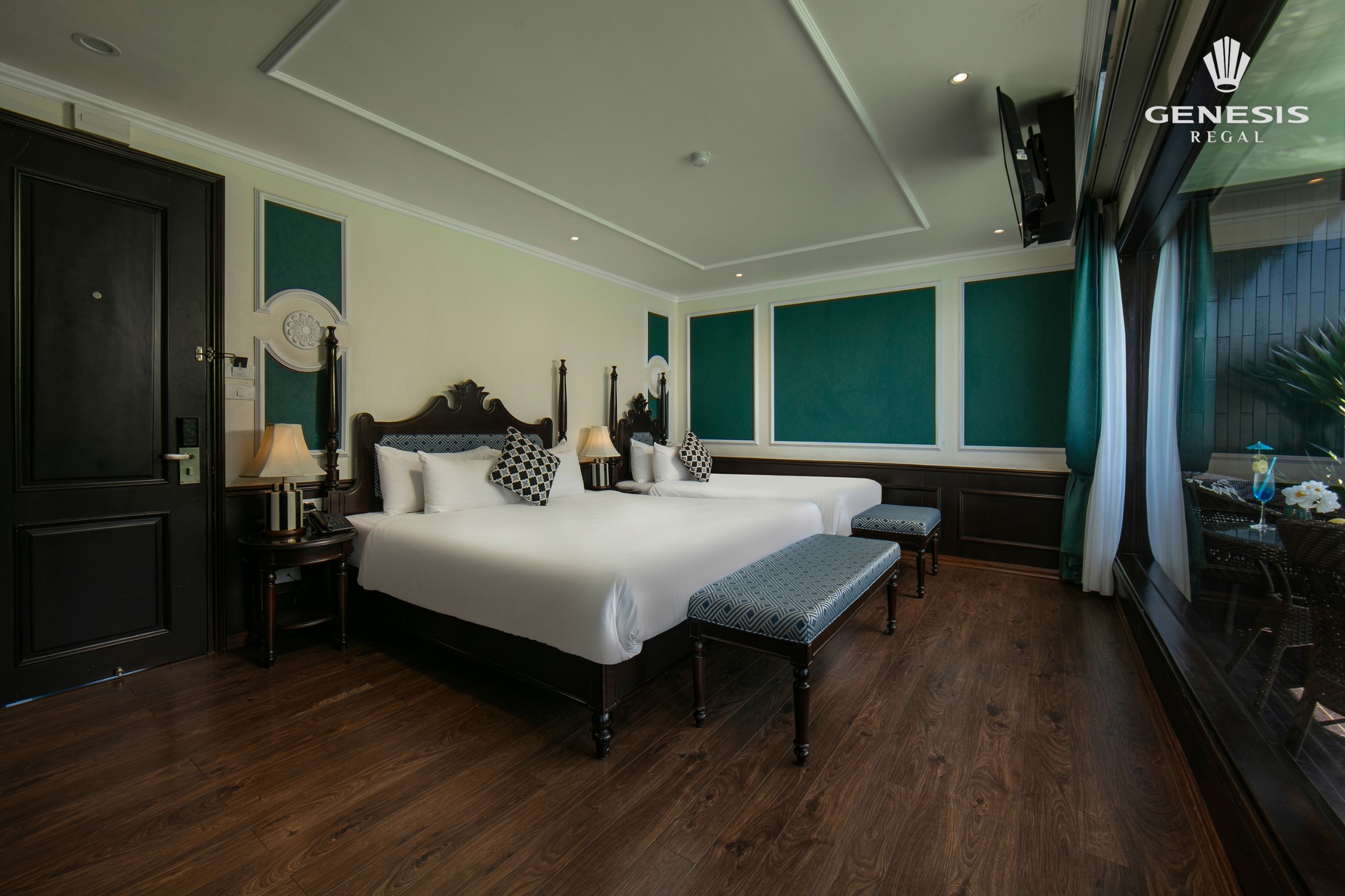 Luxurious cruise cabin with modern decor and stunning views on Halong Bay cruise ViettrendTour.