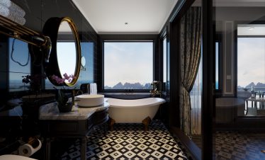 Elegant cruise balcony overlooking Lan Ha Bay with panoramic sea views and luxurious amenities.