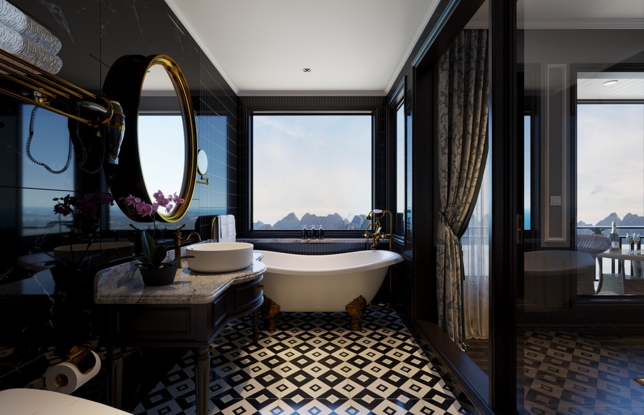 Elegant cruise balcony overlooking Lan Ha Bay with panoramic sea views and luxurious amenities.