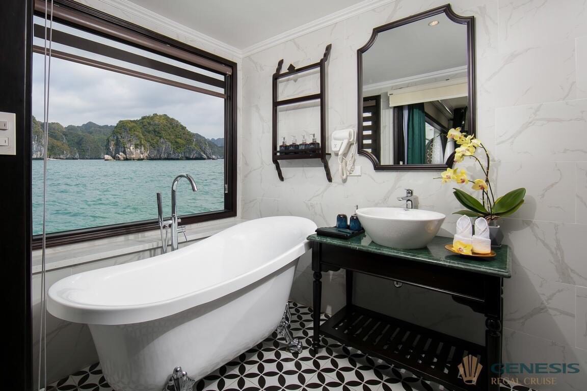 Stunning view of Halong Bay from a cruise balcony, perfect for a luxurious and relaxing experience.