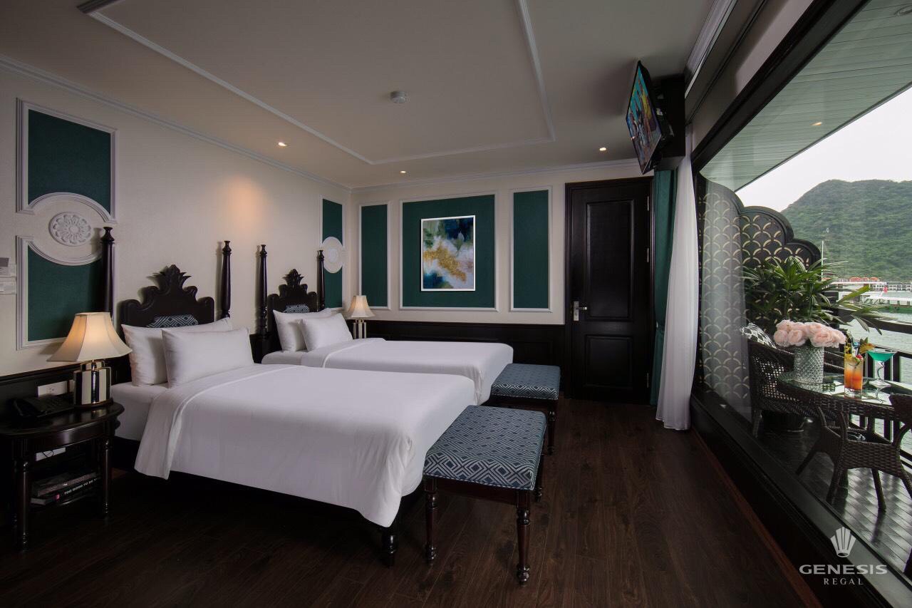 Elegant cruise balcony with stunning Halong Bay views, perfect for a romantic getaway.