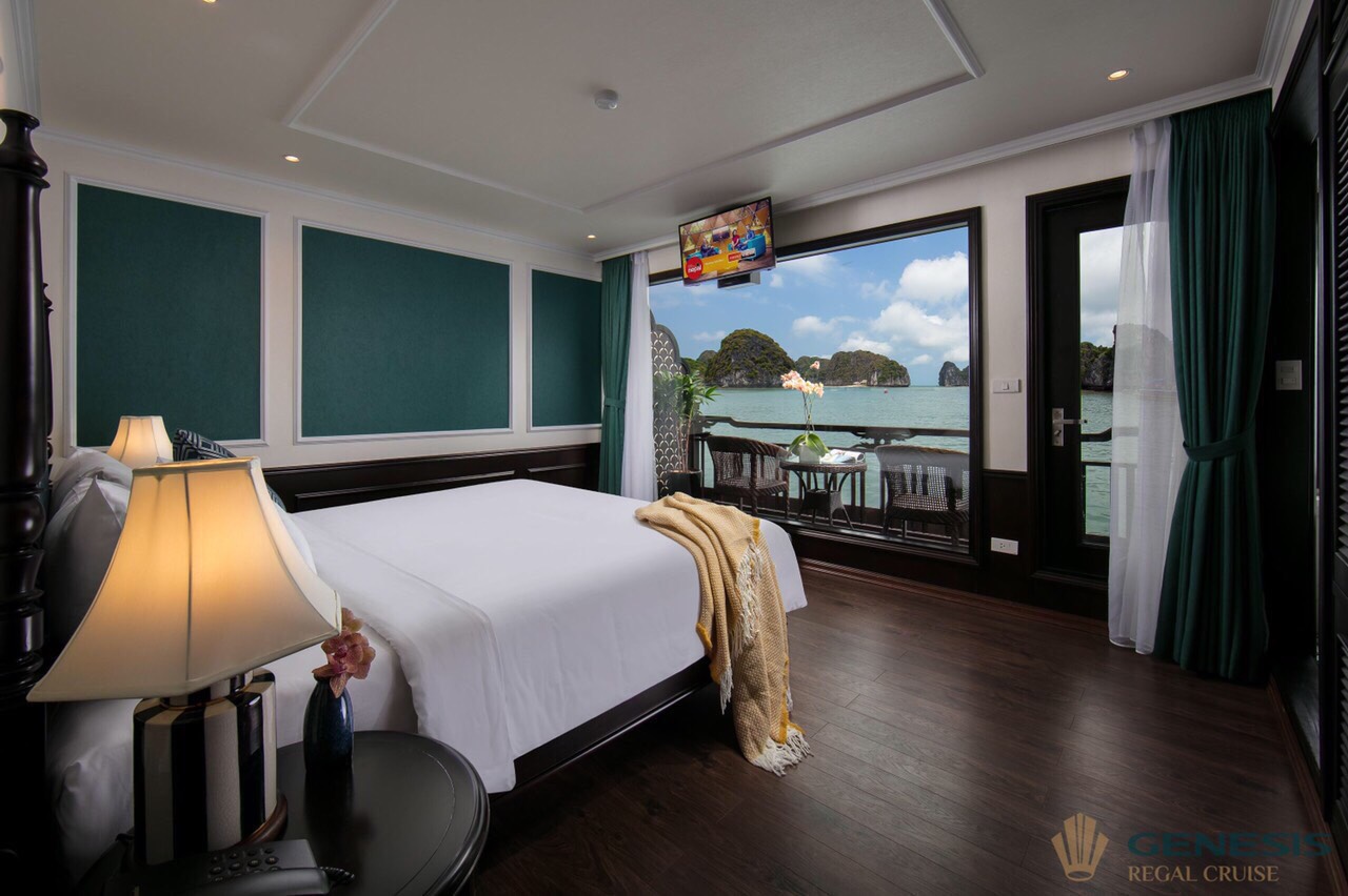 Stunning view from a luxurious cruise balcony overlooking Halong Bay, perfect for a memorable travel.