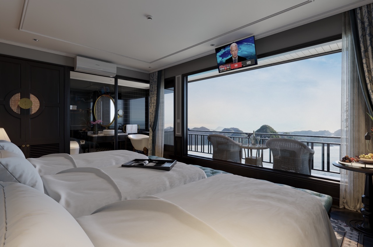 Luxurious cruise balcony view of Lan Ha Bay with serene waters and scenic islands, perfect for a rel.