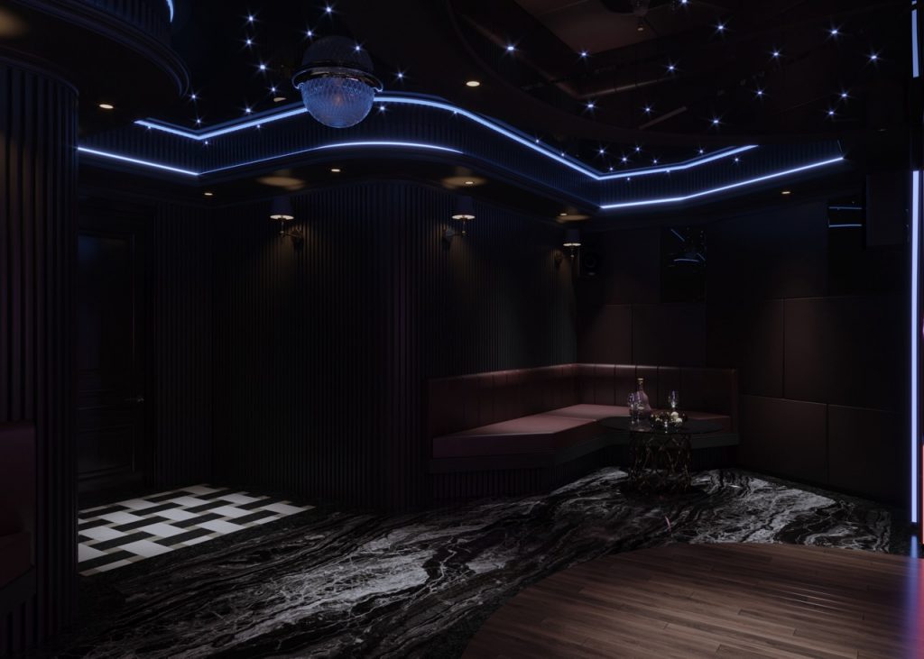 Elegant dark lounge with modern neon lighting, luxurious seating, and sophisticated decor for VIP experience.