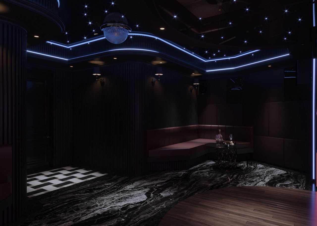 Elegant dark lounge with modern neon lighting, luxurious seating, and sophisticated decor for VIP experience.