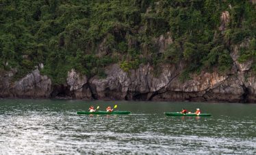 Kayaking on Bai Tu Long Bay with lush green cliffs and calm waters, perfect for a peaceful travel ex.