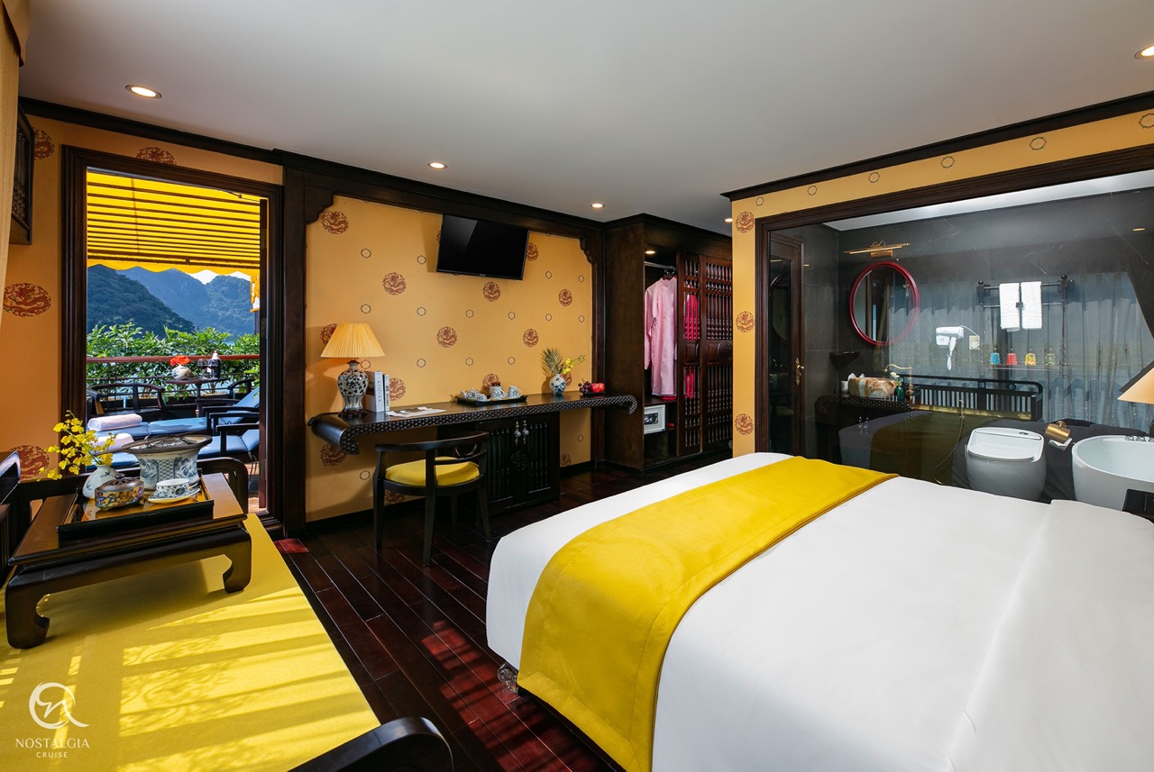 Stunning view of Halong Bay from a luxury cruise balcony, perfect for relaxing and sightseeing.