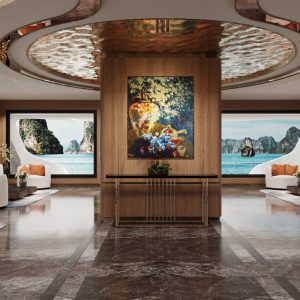Elegant yacht lounge with ocean views, modern decor, and luxurious seating for a premium cruise experience.