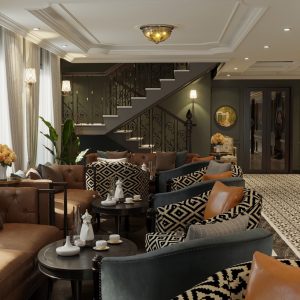 Elegant hotel lobby with luxurious seating and stylish decor - perfect for upscale travel.