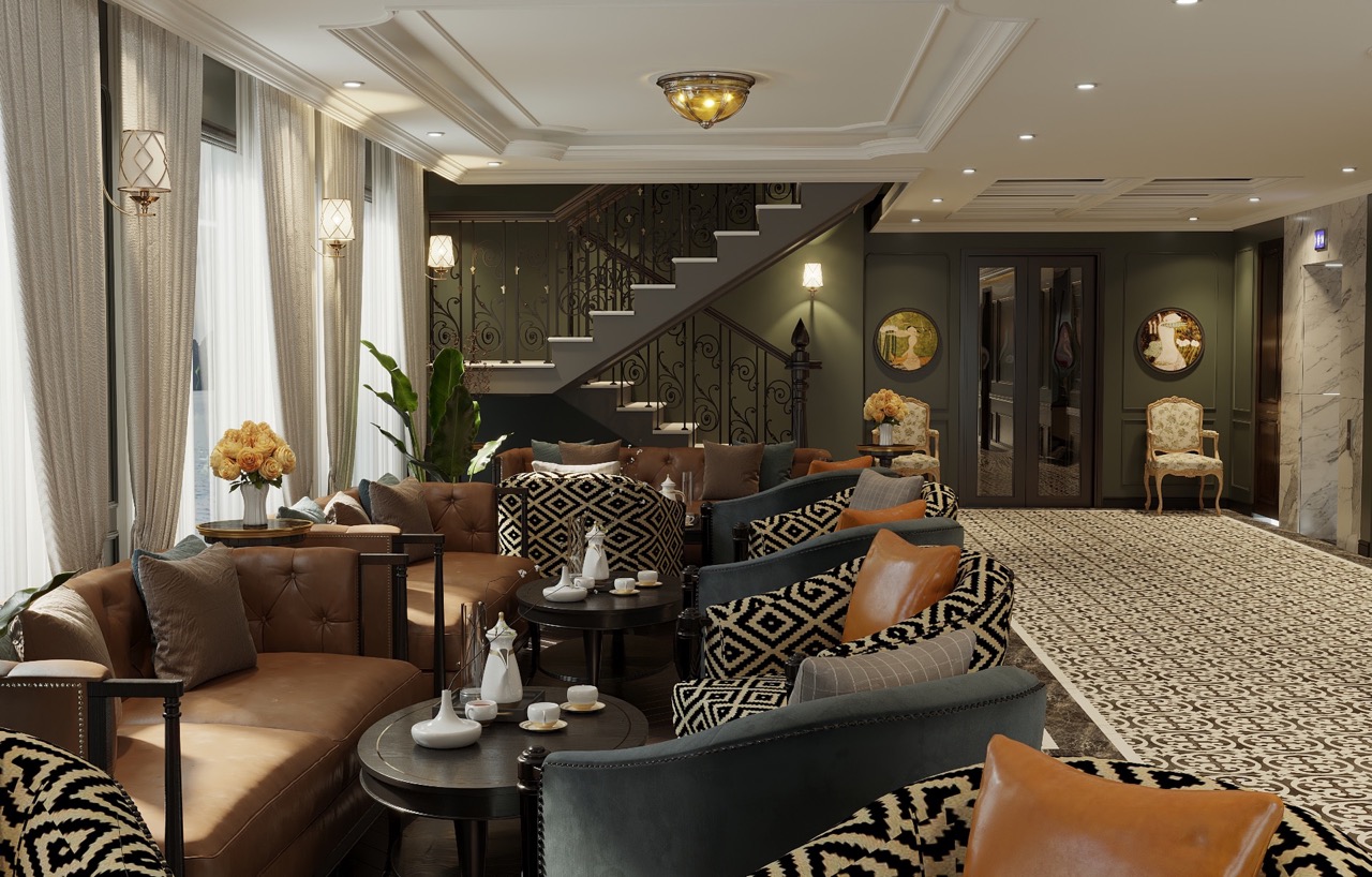 Elegant hotel lobby with luxurious seating and stylish decor - perfect for upscale travel.