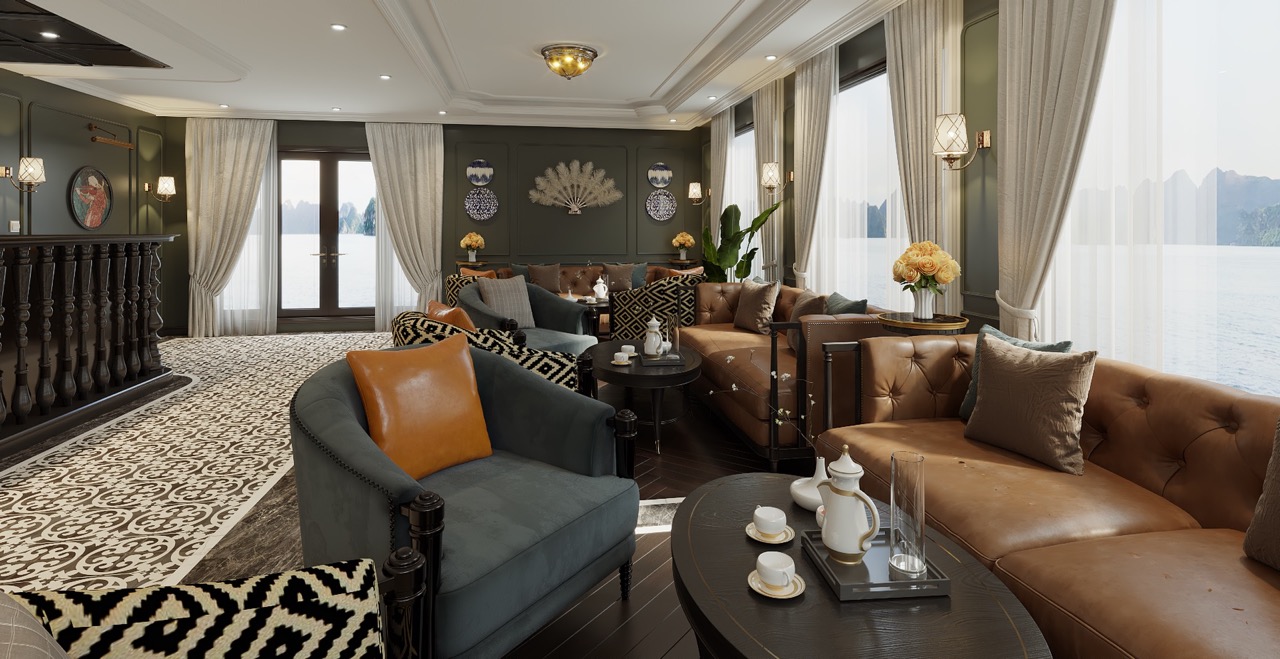Luxurious waterfront hotel interior with elegant furnishings and scenic mountain views.