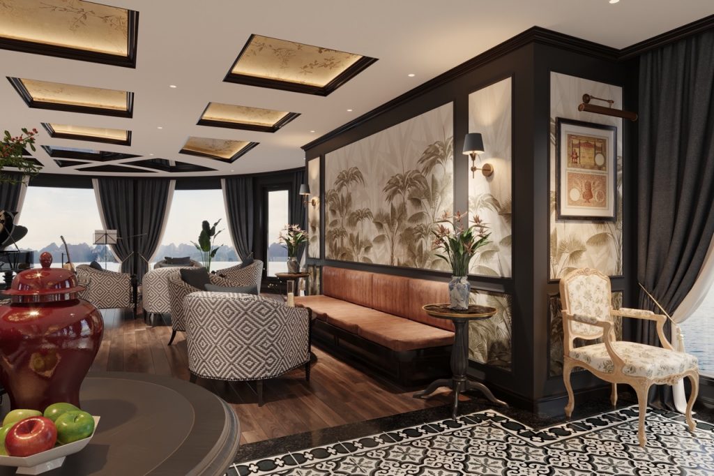 Luxurious modern hotel lounge with scenic ocean views and elegant decor.