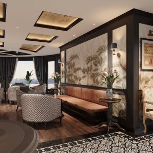 Luxurious modern hotel lounge with scenic ocean views and elegant decor.