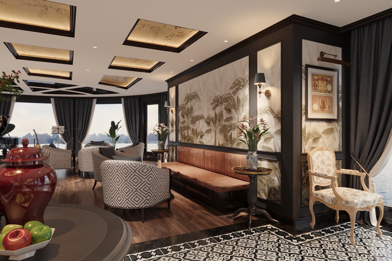 Luxurious modern hotel lounge with scenic ocean views and elegant decor.