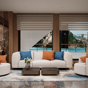 Elegant seaside living room with ocean views, modern furniture, and stylish decor.