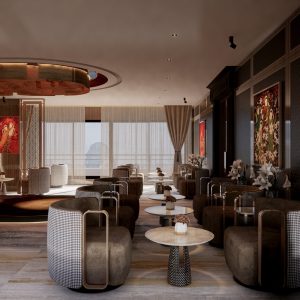 Elegant hotel lounge with luxurious seating and modern decor, ideal for relaxation and meetings.