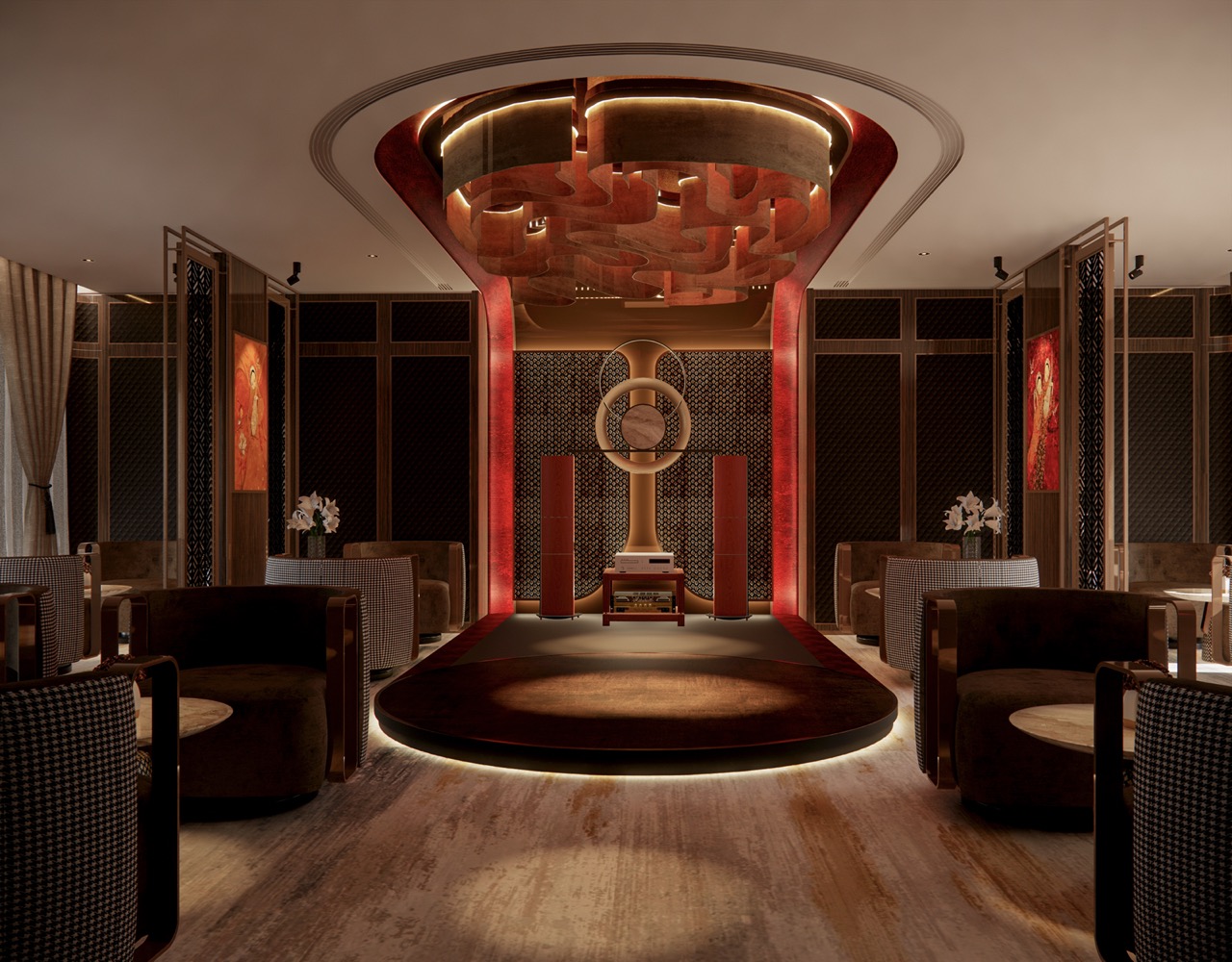 Luxurious modern lounge with elegant decor and ambient lighting for exclusive events and relaxation.